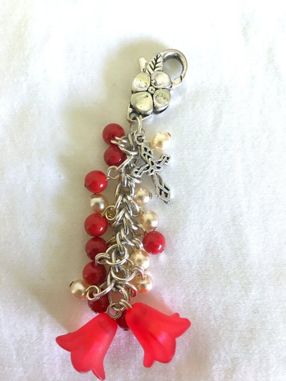 Red Floral Beaded Purse Charm with Cross & Pearl Accents